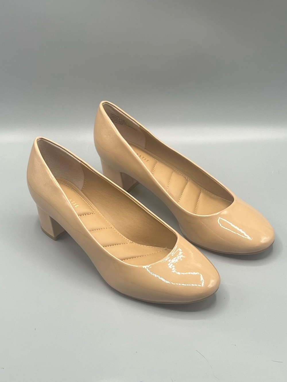 Kelly & Katie Nude Faux Patent Leather Round-Toe Bloch Heel Pump